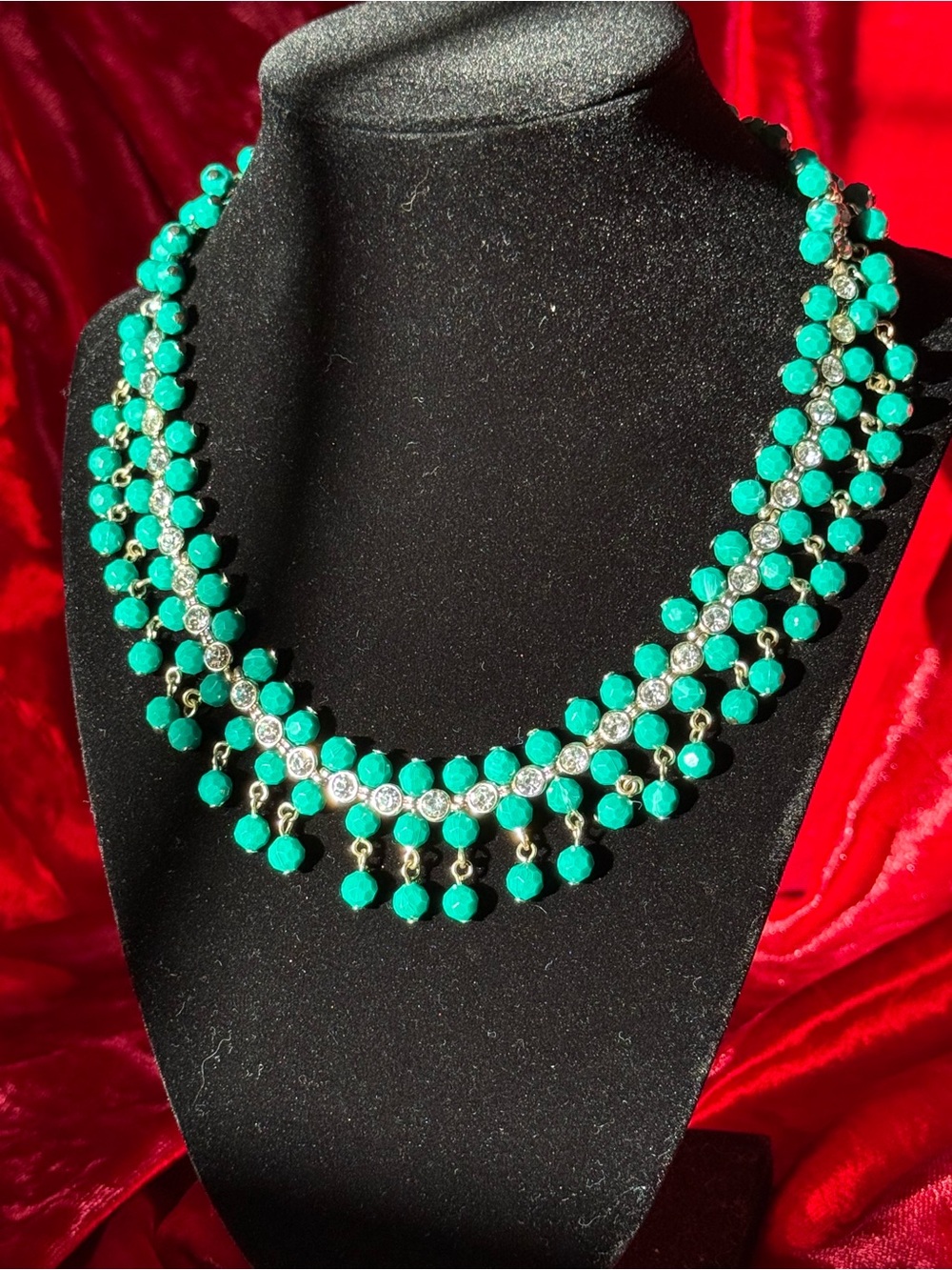 Vintage 1980s Signed NRT Bead Rhinestone Fringe Collar Necklace